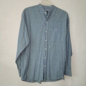 Bridgewater Shirt Mens L Green Check Linen Cotton‎ Band Collar Long Sleeve Beach